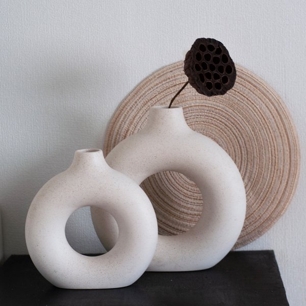 White Ceramic Ring Vase Set – Minimalist Home Decor, Modern Table Centerpiece For Living Room & Office-image