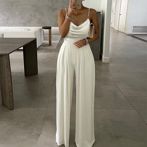 Women's Pearl Suspenders, Wide-leg Sleeveless V-neck Halter Pants Jumpsuit