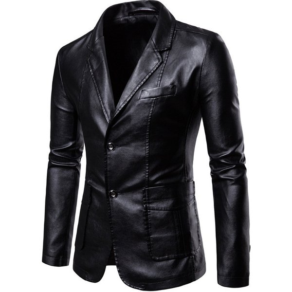 Men's Slim Fit PU Blazer Lapel Collar Versatile Easy To Match Jacket Through