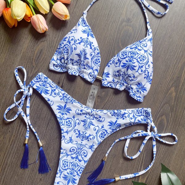 Women’S Clothing New Blue And White Porcelain Print Bikini Swimsuit Beach Sexy Women Swimsuit-image