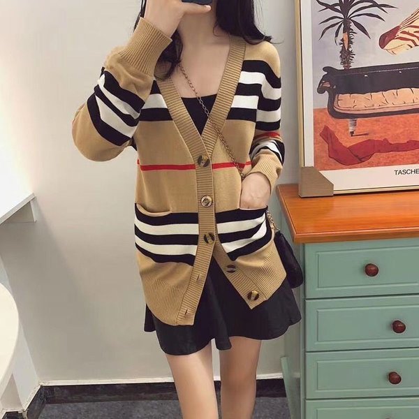 Women's Clothing Lazy Style Knitted Cardigan V Neck Long Oversized V-Neck Cardigan - Long Sleeve Striped Knit Sweater For Casual & Chic Layering-image