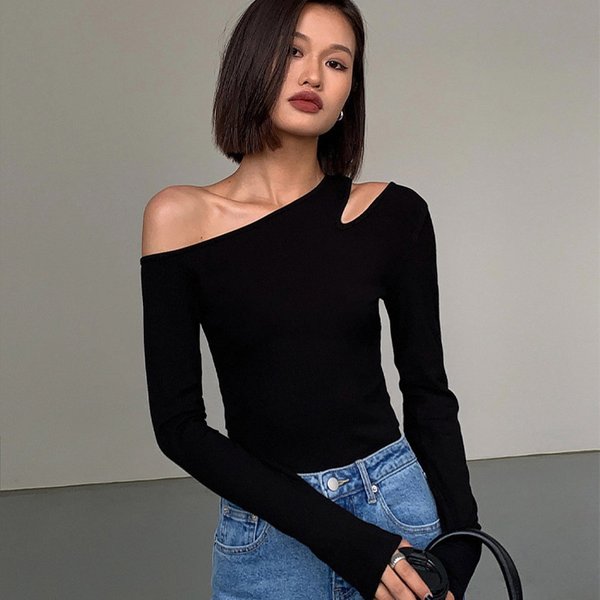 Women's Clothing Black Sexy One Shoulder Off Shoulder Bottoming Shirt For Women In Autumn