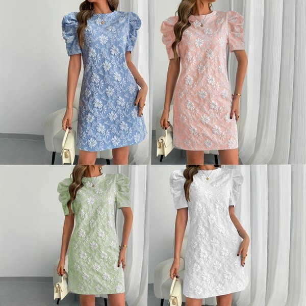 Women's Clothing Summer New Women's Puff Sleeve Textured Jacquard Round Neck Retro Style Dress-image