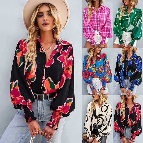 Women's Contrast Printed Shirt Long Sleeve Versatile Top-image