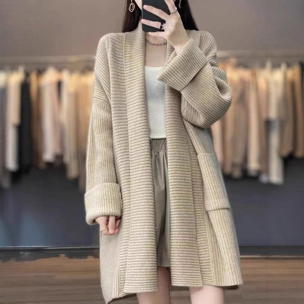 French Style Long Cardigan Women's Oversized Knit Sweater Coat With Lapel Collar, Solid Color, Casual & Elegant-image
