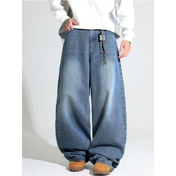 Men's American Retro Washed Wide Leg Jeans High Street Style Loose Fit Floor Length Heavyweight Dad Cross Border Version