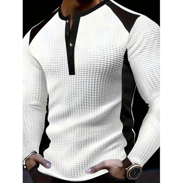 Men's High Neck Button Henley Shirt Waffle Knit Two Tone Casual Long Sleeve T-Shirt Breathable Polyester Machine Washable-image