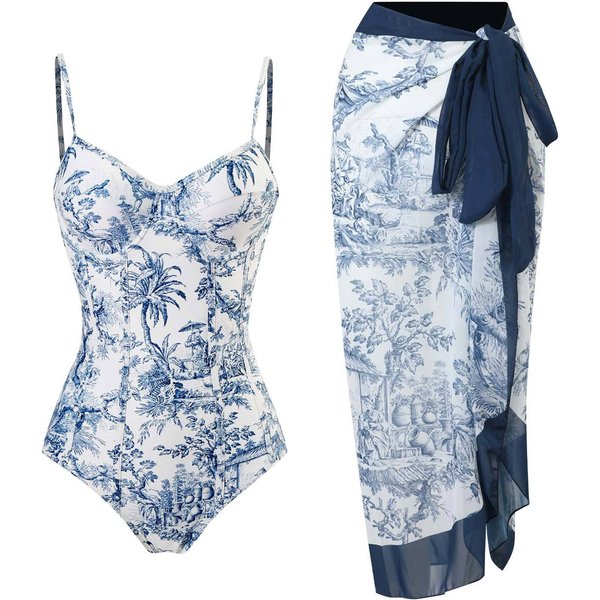 One Piece Swimwear Women's Conservative Slim Printing With Steel Support Hard Wrap Swimwear Chiffon Long Dress-image