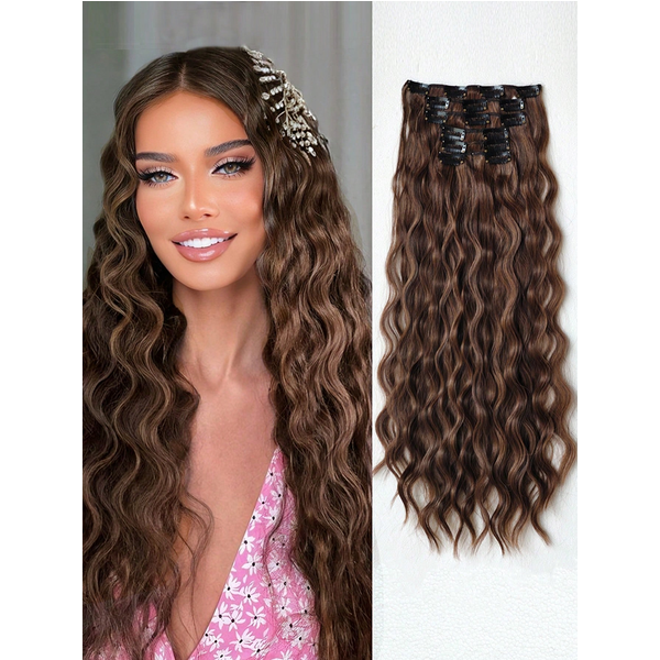 6pcs 22 Inch Clip-In Wavy Hair Extensions, Long Soft Synthetic Hair Bundles, Ombre Brown For Women
