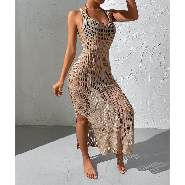 Holiday Beach Knitted Smock Dress Hollow Backless Dress For Women-image
