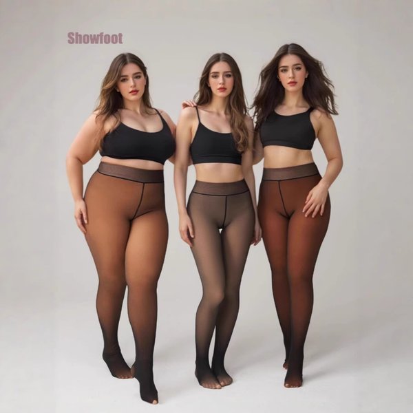 Plus Size Sheer Thermal Tights – Fleece-Lined Semi-Transparent Leggings (Black/Brown/Tan) – M/L/XL