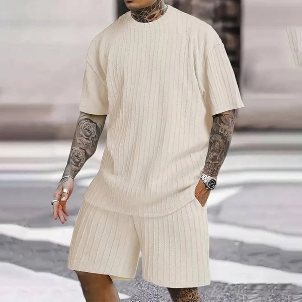 Men's Textured Linen Blend Set - Summer Loose Fit Short Sleeve Suit | Vacation Ready Coordinated Outfit-image