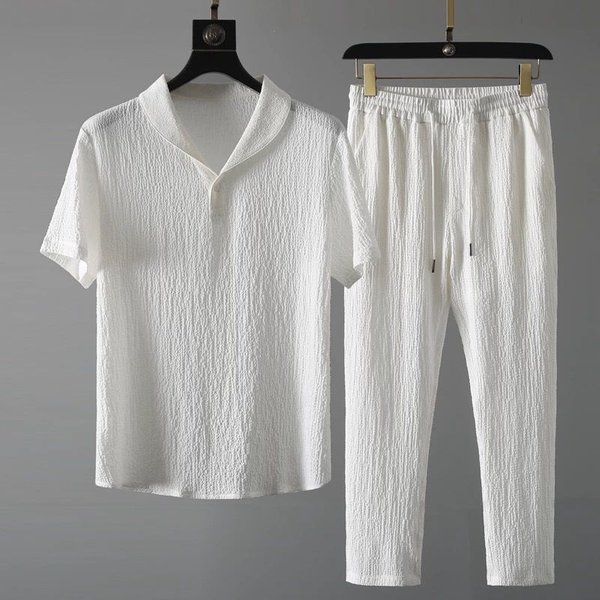 Men's Clothing Light Luxury Pleated Casual Sports Suit Men's Light Breathable Fashion Lapel Short Sleeved Trousers Two Piece Suit