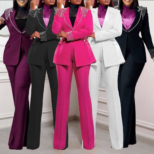 Elegant Pearl-Embellished Stretch Suit Set For Women - Slim Fit Long Sleeve Blazer & Pants - Office Wear & Formal Occasions-image