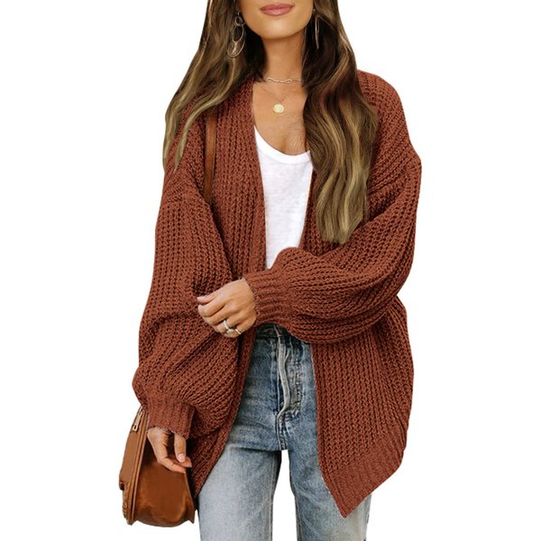 Chunky Knit Cardigan With Lantern Sleeves – Oversized Boho Sweater For Women, Soft Viscose Blend, Loose Fit Open Front