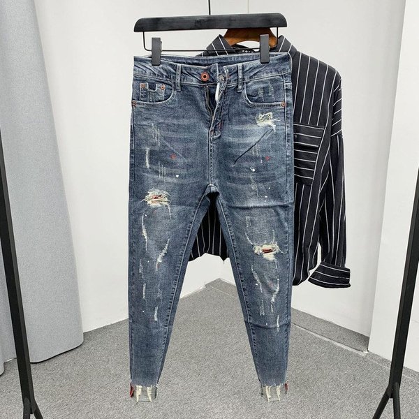 2023 Fashion Men's Pants Korean Style Jeans Washed With Cat Whisker Holes Colorful Paint Splatters Slim Trousers-image
