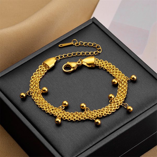 Stainless Steel Gold Color Multilayer Chain Bracelet For Women Vintage Girls Ball Charms Wrist Jewelry Party Gifts-image
