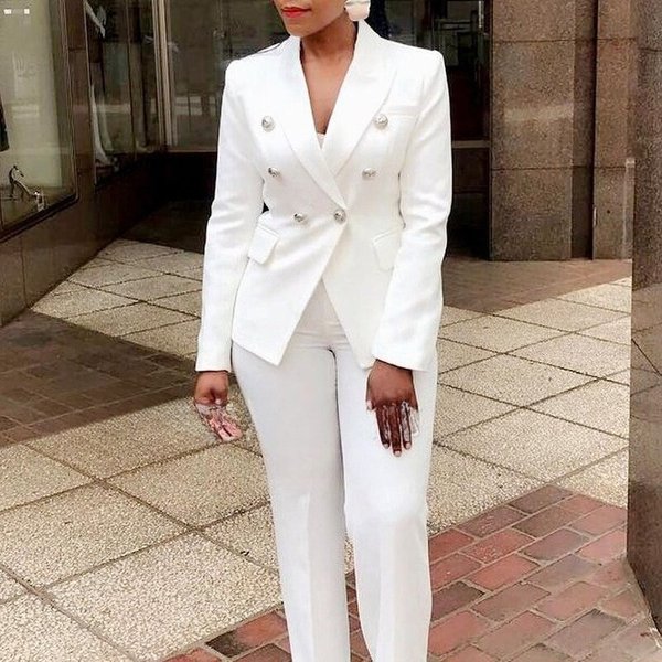 Women Pants Set Two Piece Sets Turn Down Collar White Blazer Elegant Coats Matching Sets Work High Waist Long Pants Suits-image