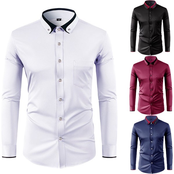 Men's Clothing four way stretch shirt men's color matching collar diamond button long sleeved shirt business casual men's shirt foreign trade