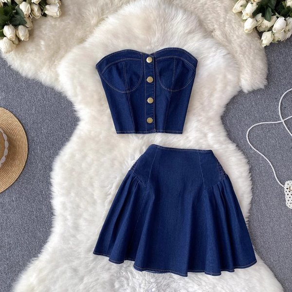 Women's Summer Short Denim Tube Bra Vest Top Two-Piece Set High Waist A-Line Skirt-image