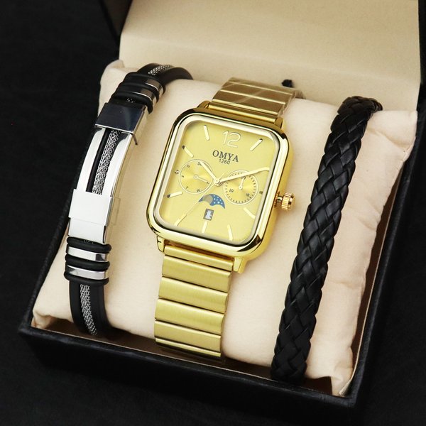4Pcs Set Square Men's Watch Bracelet Box Set Waterproof Quartz Watch Set-image