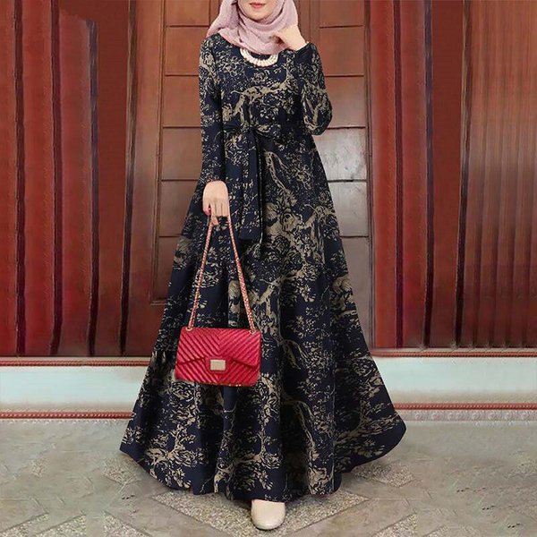 Women's Plus Size Women's Cotton And Linen Dress Long Skirt Retro Printed Pullover Robe Dress-image