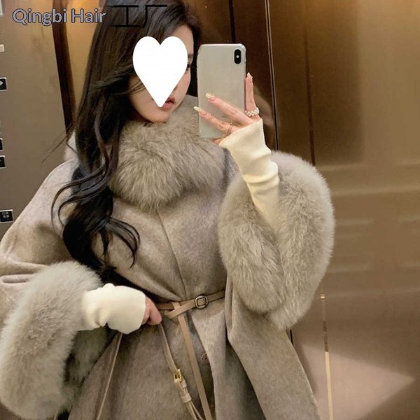 2025 Autumn Winter New Fox Fur Collar High-end Double-sided Cashmere Women Korean Style Wool Cape Shawl Coat
