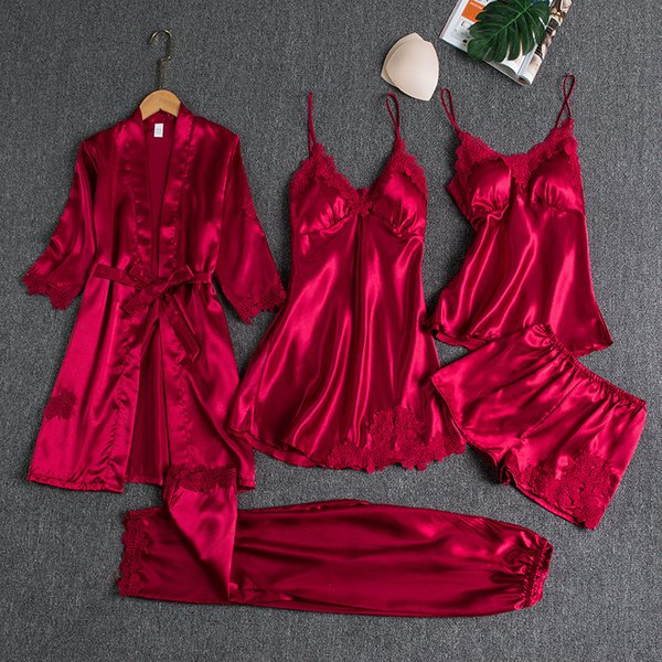 Women's Ice Silk Pajama Set – 5-Piece Sexy Sleepwear With Long Sleeve Top & Robe | Summer & Spring Loungewear For Plus Size