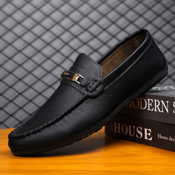 Waterproof Leather Casual One Foot Loafers, Handcrafted Business Low Cut Black British Men's Shoes, Flat Bottomed Thick-image