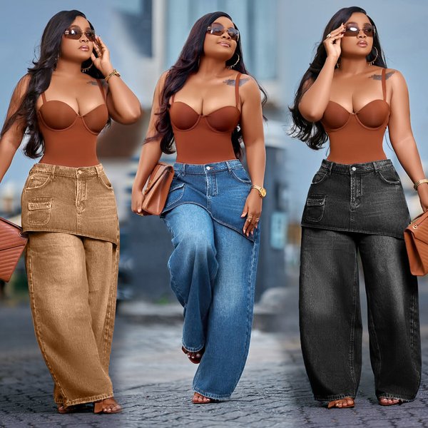 Women's High-Waisted Flare Pants, Retro American Style False Two-Piece Wide-Leg Jeans