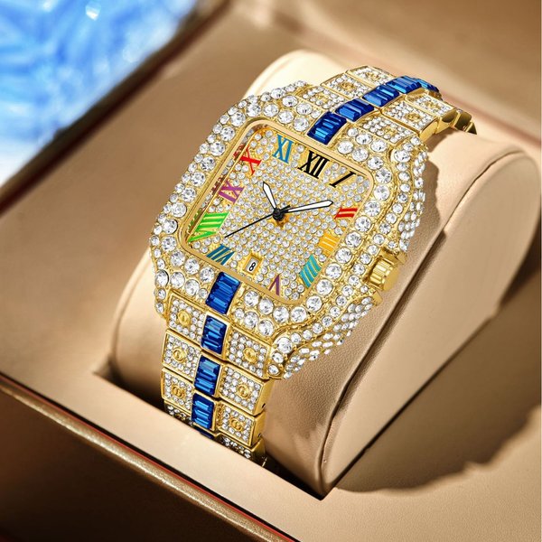 Luxury Iced Out Quartz Watch With Full Diamond Display Waterproof Business Fashion Men's Wristwatch-image