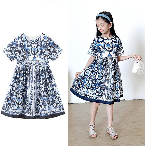 Mother & Kids Children's Clothes Children's Skirt Girls' Blue And White Porcelain Dress Sleeveless Slip Dress-image