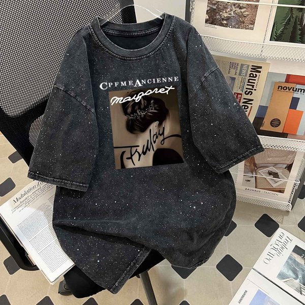 Women's Clothing Retro Washed Heavy Cotton Oversize Tops For Women American High Street Washed Distressed Starry Sky Short Sleeved T Shirt