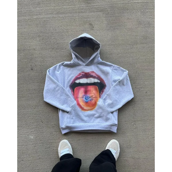 American Retro Tongue Printing Hooded Pure Cotton Sweatshirt Mens and Womens Loose Top streetwear haikyuu Y2K clothing