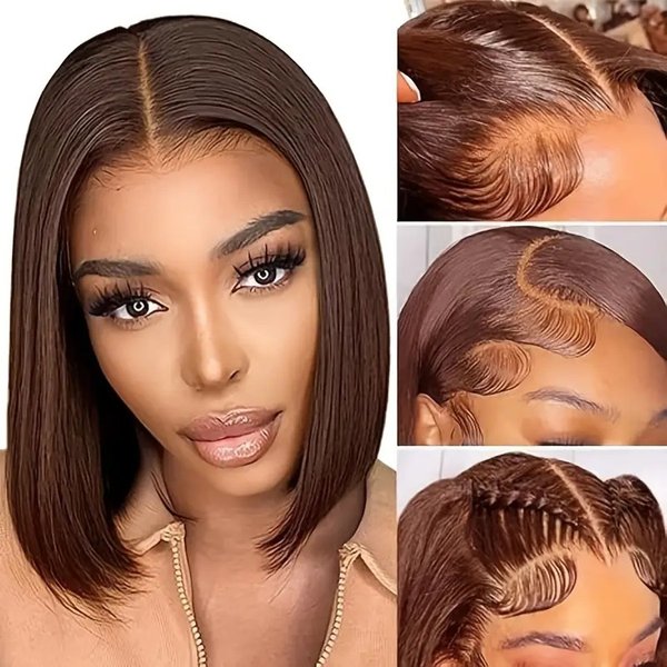 Women's Full Head Lace Front Wig Bob European Style Synthetic Short Straight Hair Average Size Cap For Daily Use-image