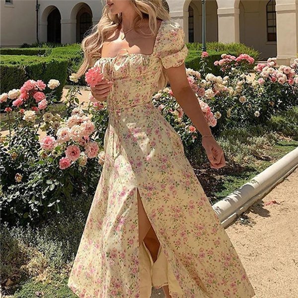 Women's Clothing Printed French Floral Backless Slim Sling Slit Dress-image