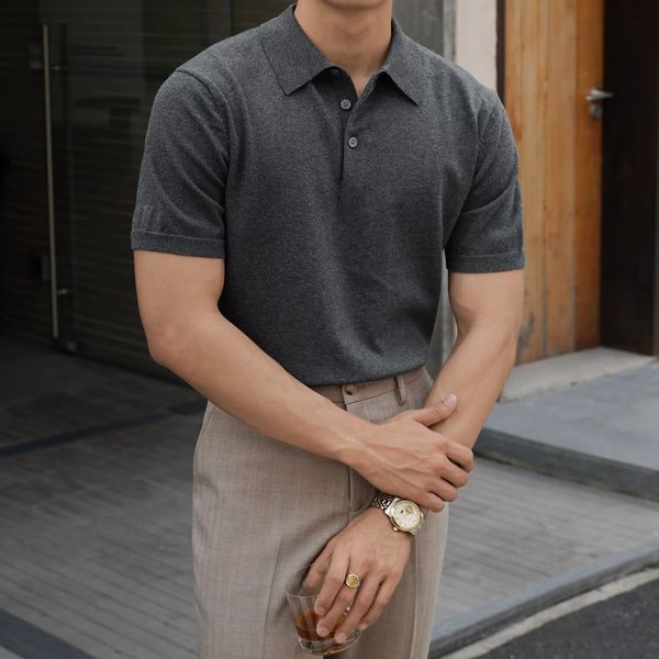 Men's Knitted Polo Shirt Short Sleeve Breathable Cotton Blend Summer Casual T-Shirt Solid Color Turn Down Collar Loose Fit Top