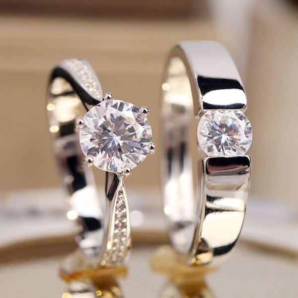 Couple Ring: A Simple Fashionable Korean Crown Zircon Pair For Men And Women, Open Wedding Simulation Diamond Ring-image