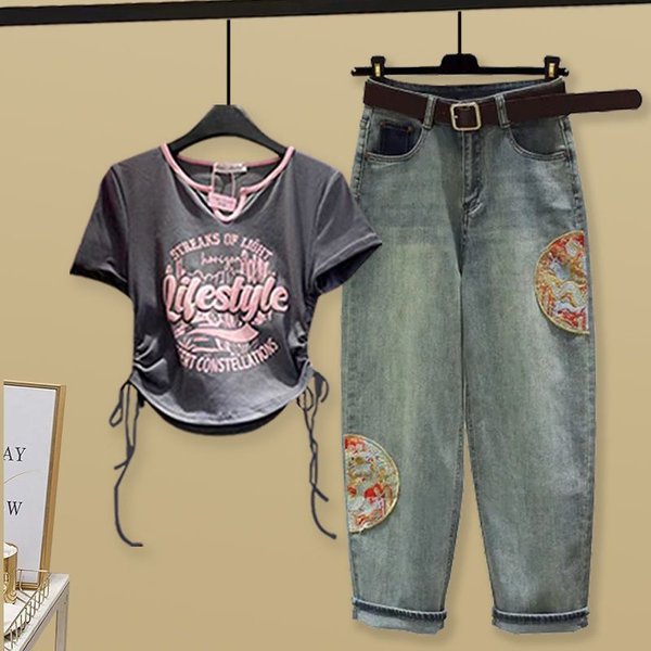 Women's Clothing Fashion Set Women's Style Top With Short Sleeves And Embroidered Ethnic Style Trendy Style Jeans Waist Cinching