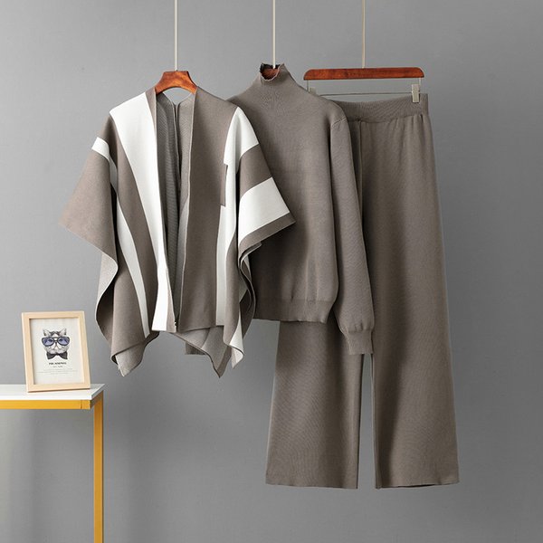 Women's French-Inspired Knit Set – Oversized Cardigan, Striped Sweater & Wide-Leg Pants (One Size Fits Most, Rayon Blend)
