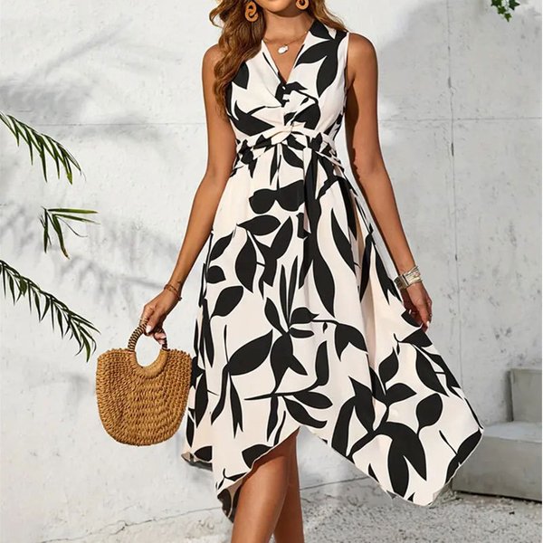 Women's Clothing Long Sleeveless Midi Skirt Leaf Print Twist Irregular Dress Spring And Summer Women's Design Sense-image