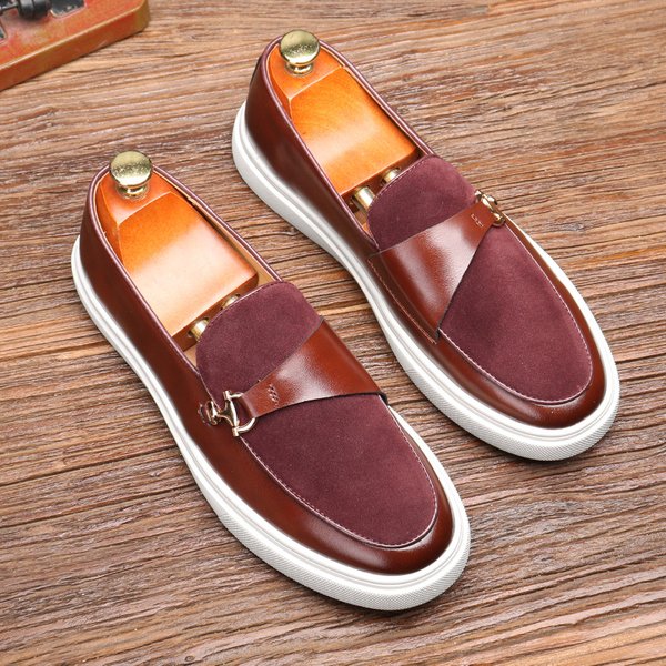 Retro Men's Loafers Metal Horse Buckle A Slip-On White Platform Casual Bean Shoes For Men-image