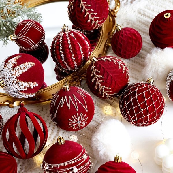 Christmas Tree Decorative Ball Christmas Painted Ball Flocking Dark Red Christmas Ball Pearl Diy Hanging Decoration Scene Layout-image