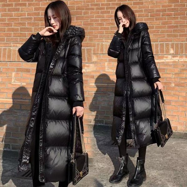 Women's Shiny Black Down Cotton Coat, Long Knee-Length Thickened Loose Cotton Coat-image