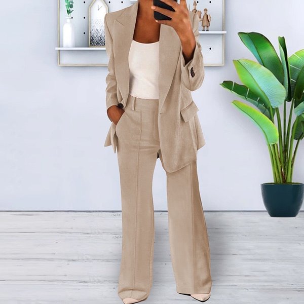 Women's Clothing Stylish Solid Color Slim Blazer Jacket Pants Suit Set - Office Elegance & Casual Chic (Khaki, Grey, Blue, Beige, Pink, Black, Navy)-image