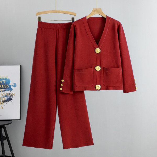 Women's Clothing Goods Casual Fashion Two Piece Suit For Women Autumn And Winter Versatile Metal Buckle Knitted Cardigan Sweater Wide Leg Pants Suit-image