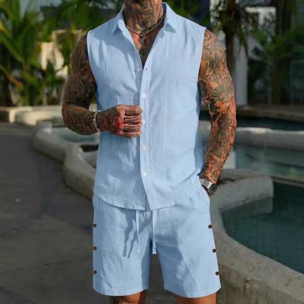 Men's Clothing Men's Summer Casual Sportswear Linen Beach Suit Solid Color Breathable European American Style-image