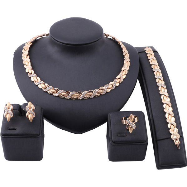 Italy New Design Ladies Gold Color Crystal Necklace Ring Earring Bracelet Wedding Party Gift Jewelry Set-image