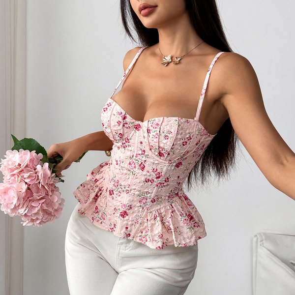 DéBardeur Slim Imprimé à Ourlet Volanté Pour Femme, Sans Manches, Dos Nu, Bandage, Sexy, éTé 2025, Corset De Vacances-image