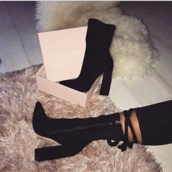 Women's Shoes Nightclub, Thick Heeled High Heeled Boots, Women's Pointed Boots, Size 42